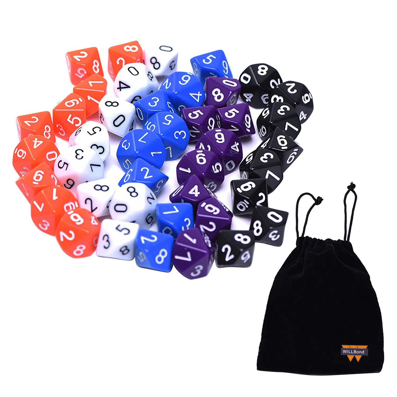 Polyhedral dice beside a drawstring pouch