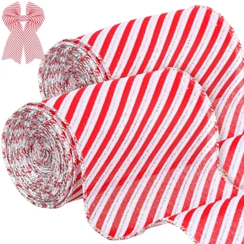 2 Rolls 12 Yards Christmas Candy Cane Wired Ribbons 4 in Glitter Red and