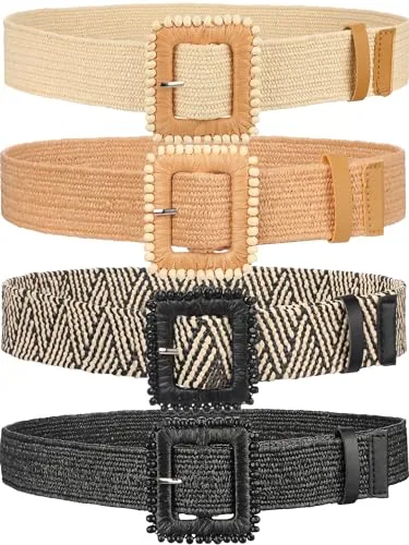 4 Pcs Women Stretch Wide Straw Belt Vintage Color M