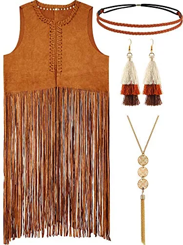 3 Pieces Halloween Carnival Women Hippie Costume Set Tassels Vest Faux
