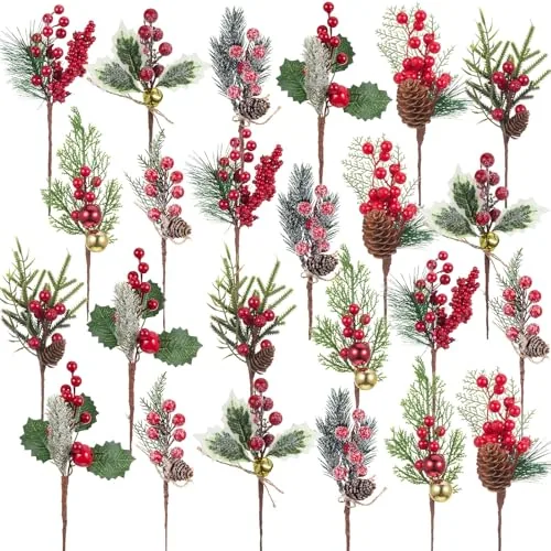 24 Pcs Artificial Christmas Tree Picks Red Berry Pine Picks Spray Berry