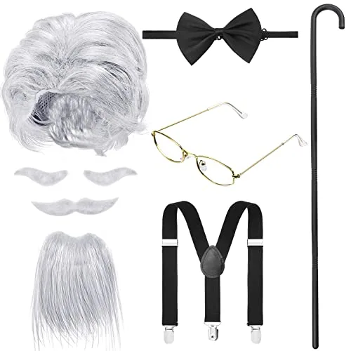 8 Pcs Old Man Costume Old Man Wig Cane Glasses Faux Eyebrows Mustache