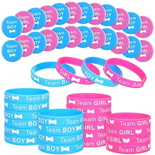 72 Pcs Gender Reveal Team Boy Girl Pins and Silicone Wristbands