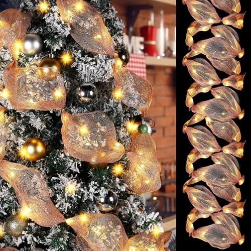 16.4 ft Christmas Tree Ribbon Mesh Garland with Lights Xmas Mesh Ribbon