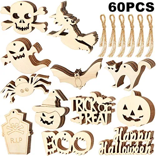 60 Pcs Halloween Wood Slices Cutouts Craft with Twine Ropes