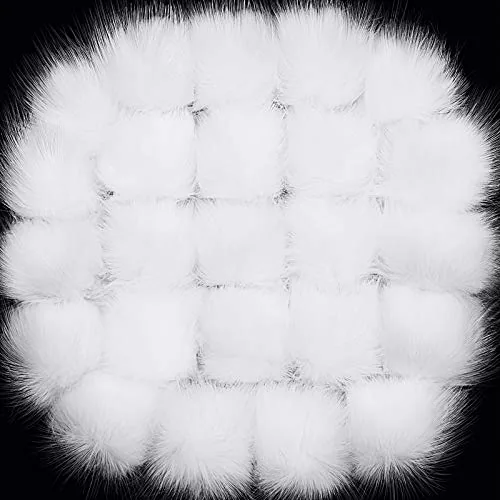 24 Pcs Faux Fur Pom Poms with Elastic Loop 3.94 Inch White