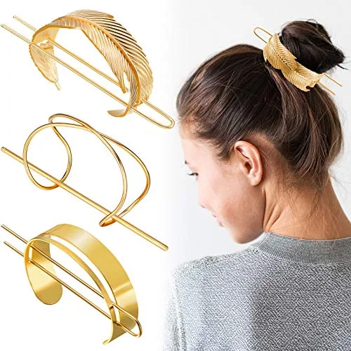 3 Pieces Gold Hair Accessory Set: Feather X-Shaped Bun Clip, Stick and