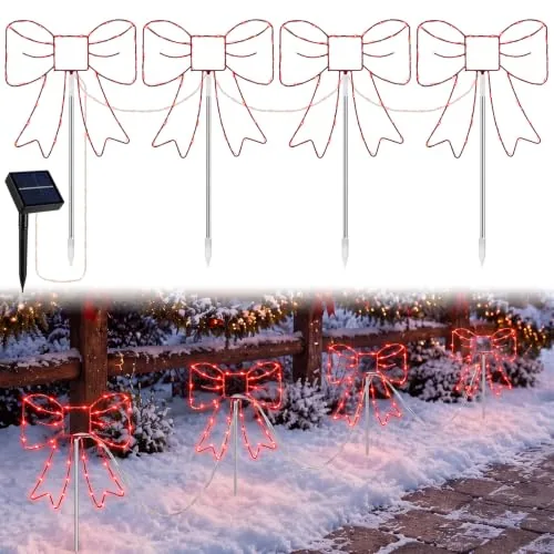4 Pcs Christmas Solar Bow Pathway Lights Outdoor Xmas Yard Decor