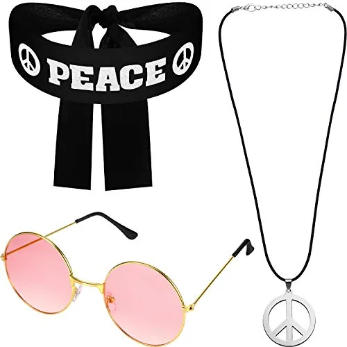 3 Pcs 70s Hippie Peace Headband Necklace Sunglasses Costume