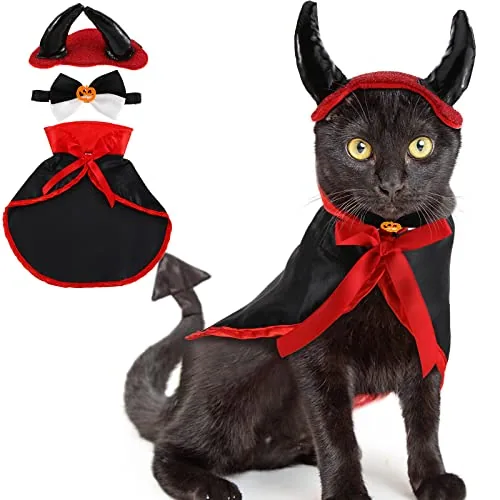 Halloween Cat Costume Vampire Cape Devil Horn Bow Tie Collar