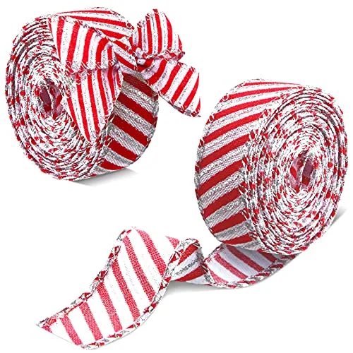 2 Rolls 12 Yards Christmas Candy Cane Wired Ribbons 1 in Glitter Red and