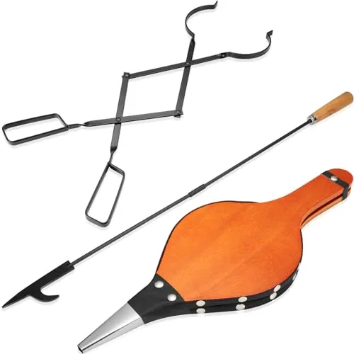 3 Pcs Fireplace Tool Set, Poker Tong Wood Bellow for Fire Pit