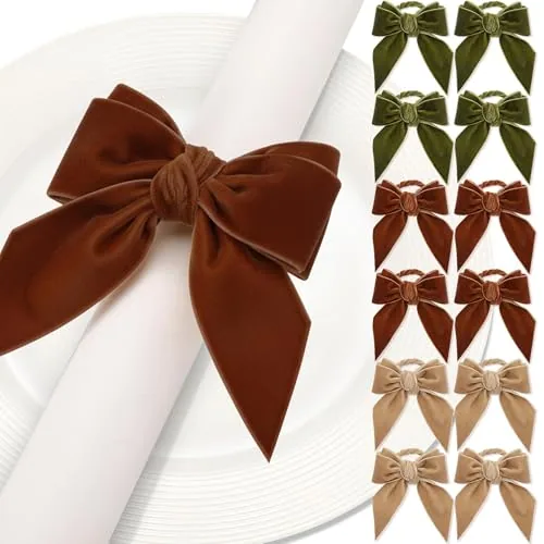 12 Pack Velvet Bow Napkin Rings, Christmas Bowknot Napkin Holder Ring