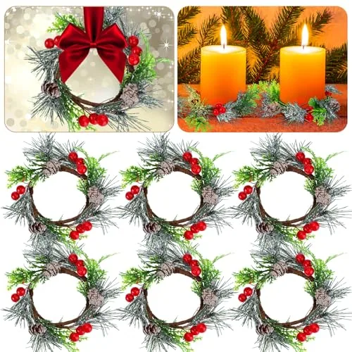 6 Pcs 4.7 Inch Christmas Candle Ring Mini Christmas Wreaths