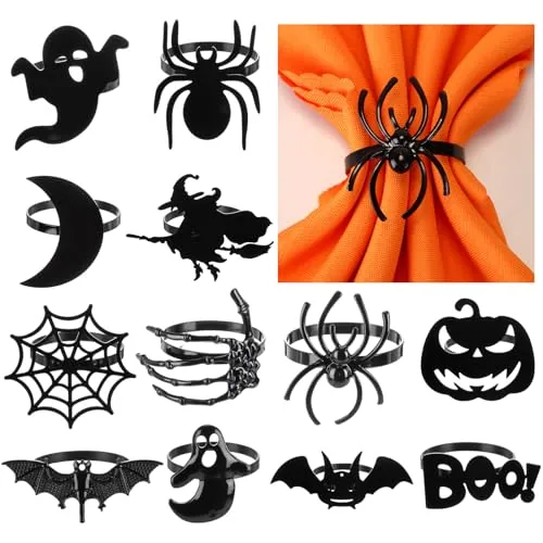 12 Pcs Halloween Napkin Rings Metal Spooky Rings Holders Black