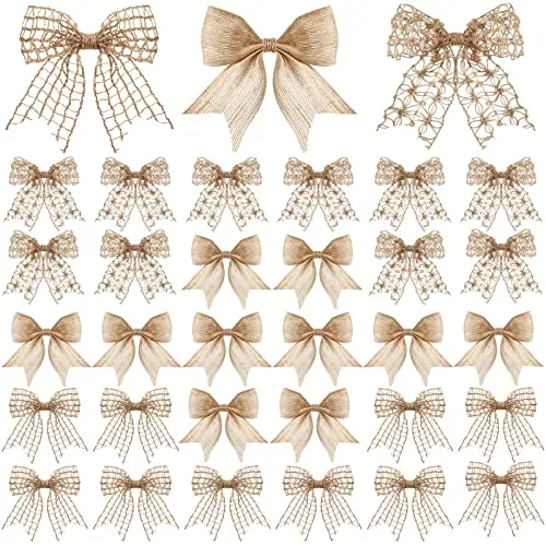 30 Pcs Christmas Burlap Bows Wreath Ornaments