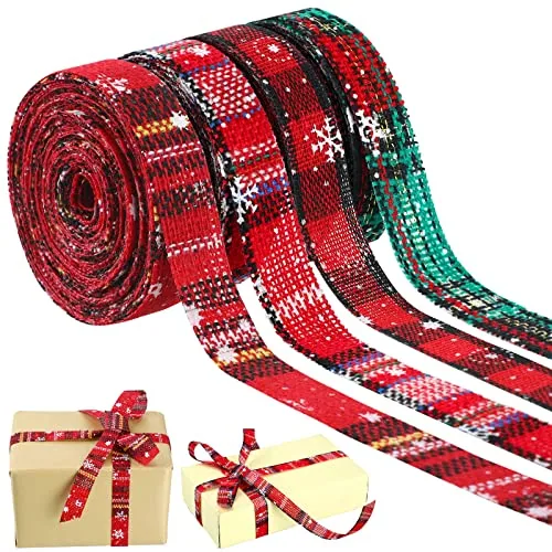 4 Rolls Christmas Plaid Ribbon 24 Yards Snowflake Ribbon, 0.6 Inch