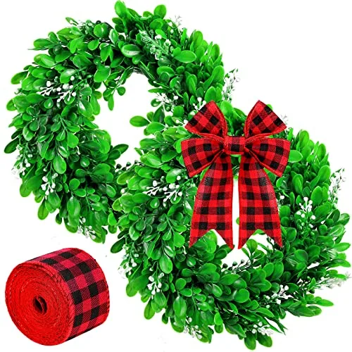 2 Pcs Boxwood Wreath 11.8 Inch Artificial Christmas Wreath Outdoor Wreath