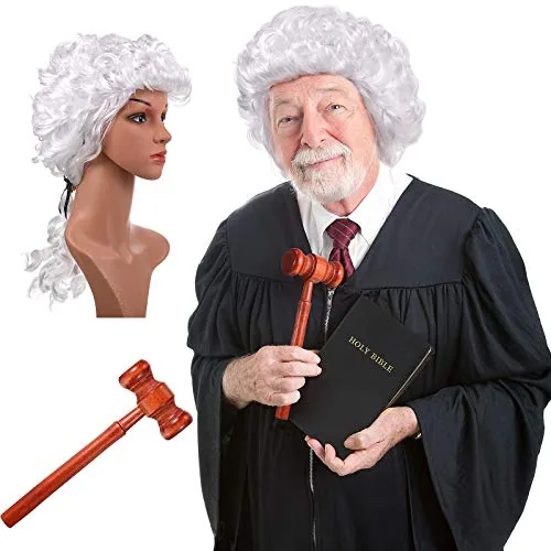 2 Pcs White Judge Wig and Gavel, Wooden Halloween Costume