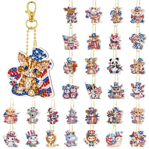 30 Pcs 4th of July Animals Diamond Art Keychain Kits for Adults