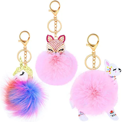 3 Pcs Animal Pom Pom Keychains Backpack Charms