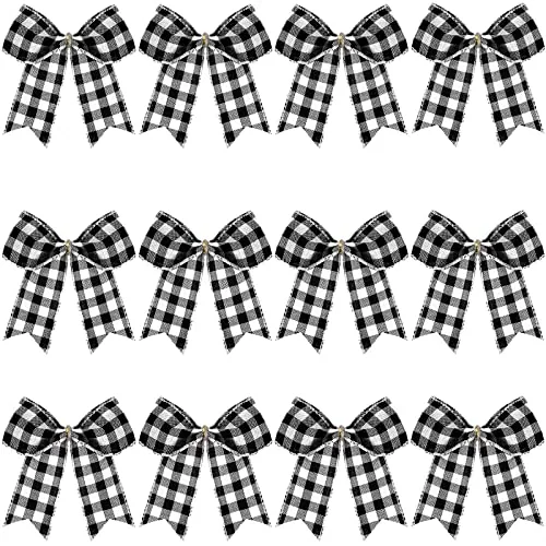 12 Pcs Buffalo Plaid Bows Black and White 2.4 x 2.4 Inch