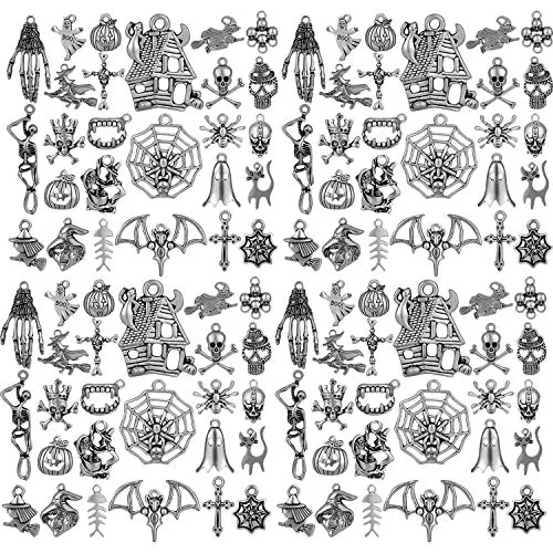 70 Pcs Halloween Charms for Jewelry Making, Silver, DIY Necklace