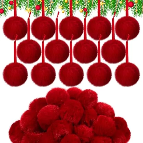60 Pcs Red Burgundy Furry Christmas Ornaments 2 in Tree Decorations