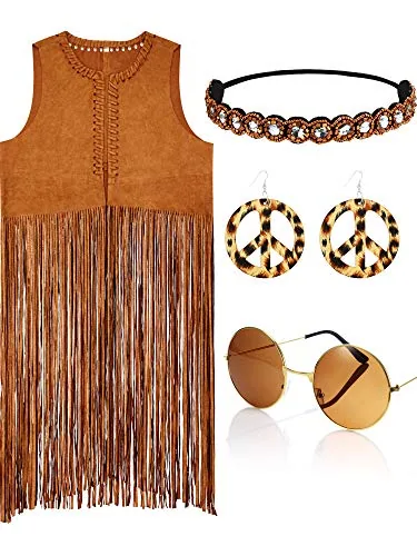 4 Pcs 60s 70s Women Hippie Costume Fringe Vest, XS