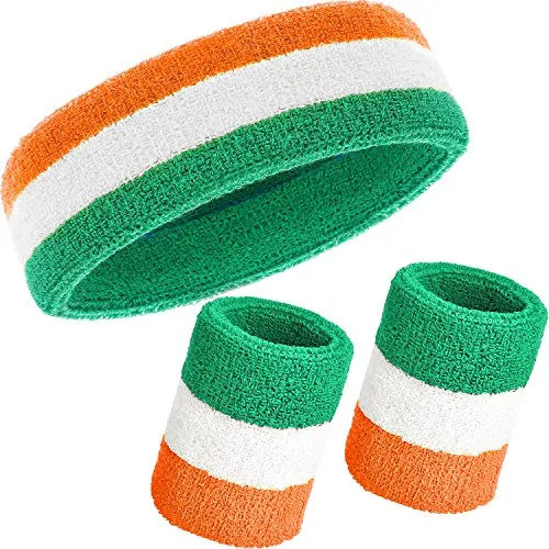 3 Pcs Neon Sweatband Headband Wristbands, Orange White Green