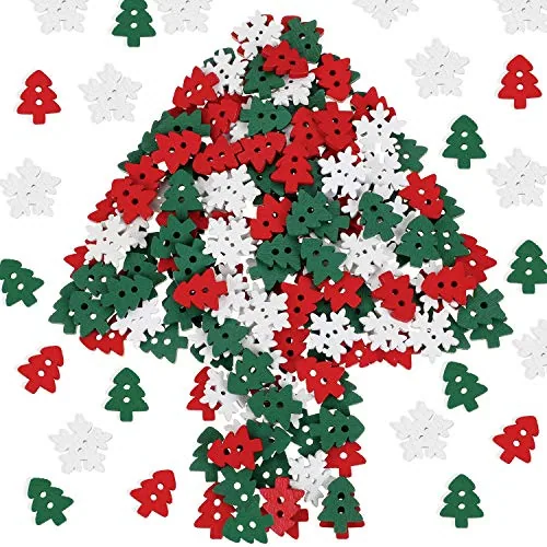 300 Pcs Christmas Wooden Buttons Christmas Tree Snowflake Buttons