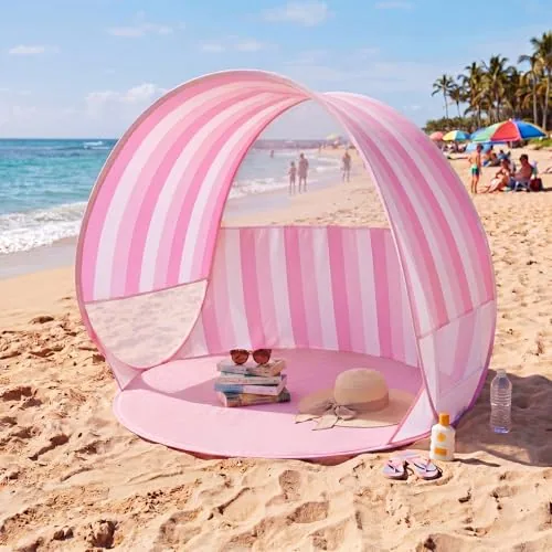 Pop up Beach Tent, Pink Stripe, Portable Sun Shelter, 4 People