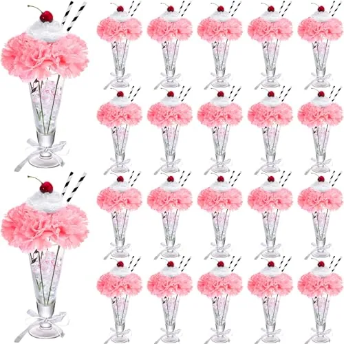 20 Sets Pink Carnations Artificial Flowers, 50's Theme Party Decorations