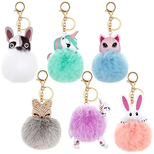 6 Pcs Cute Animal Pom Pom Keychain Backpack Keychains for Girls