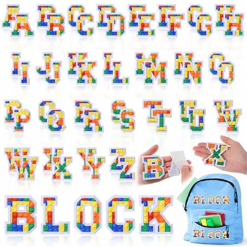 52 Pcs Building Blocks Alphabet Patches 2.8 Inch Self Adhesive Letter