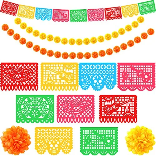 18 ft Papel Picado Banner 40 Pcs Marigold Flowers Party Decor