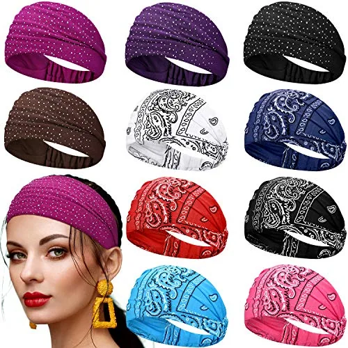 10 Pcs Wide Bandana Headbands for Women, Paisley Rhinestone Hair Wrap