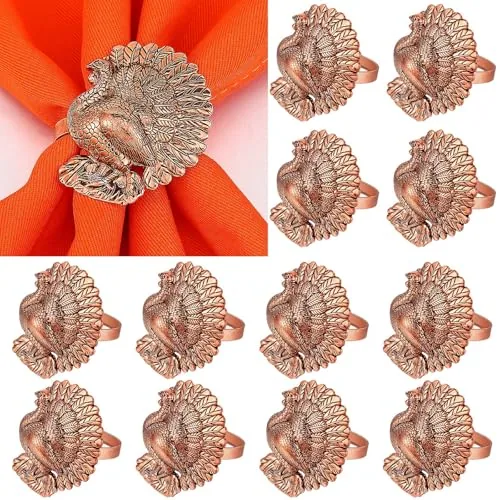 12 Pcs Thanksgiving Turkey Napkin Rings Bulk Metal,Bronze-Colored