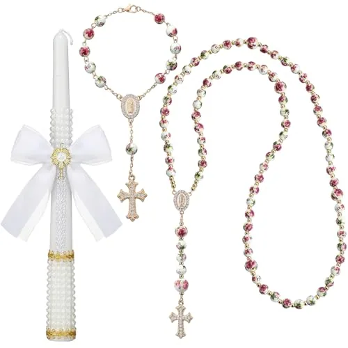3 Pcs First Communion Rosary and Candle Set Confirmation Candle Gifts Set