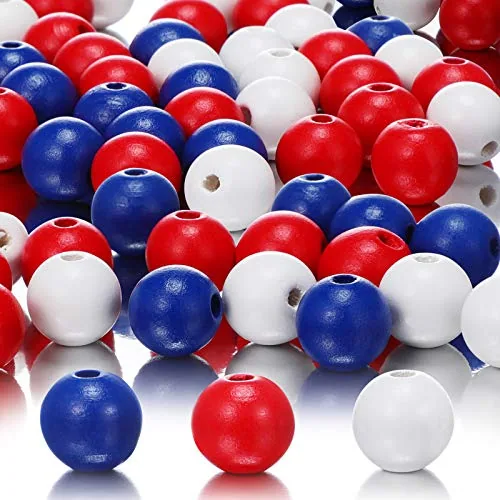 120 Pcs Patriotic Red White Blue Beads Wood, 16 mm