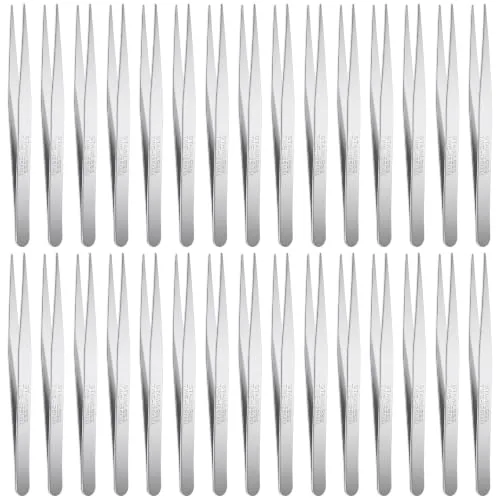 30 Pcs Stainless Steel Tweezers Long Lab Forceps Flat Round Tip