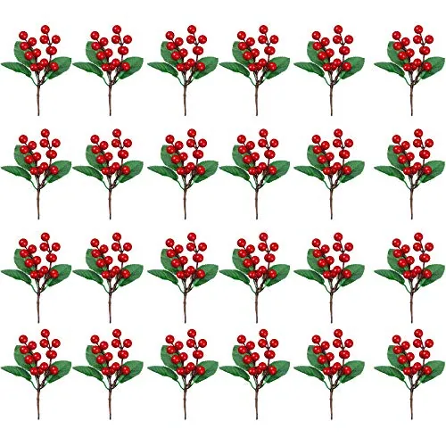 24 Pieces Artificial Christmas Berry Picking Berry Branches Holly Leaves