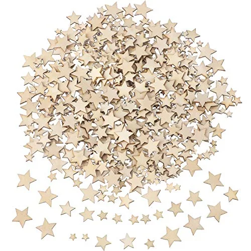 500 Pieces Wooden Stars Mixed Size Wood Stars Cutout Shape with 4 Sizes