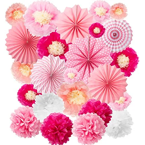 24 Pcs Paper Fans Decoration Set Flower Pom Ball