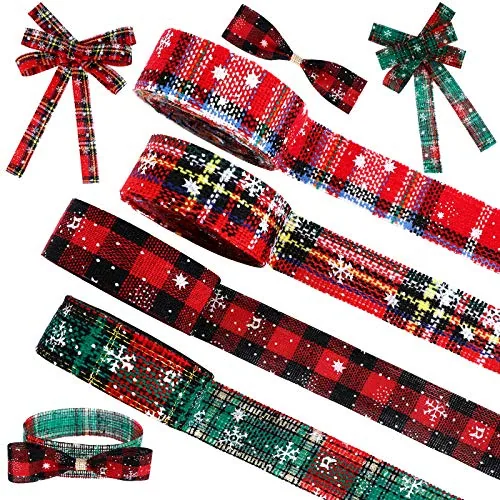 4 Rolls Christmas Plaid Ribbon 24 Yards Snowflake Ribbon, 1 Inch