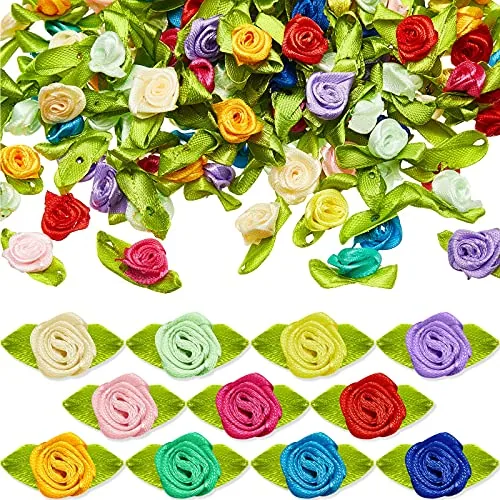 300 Pcs Mini Ribbon Roses for Crafts Multicolor Artificial Fabric Flowers