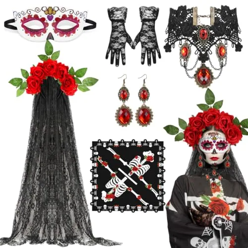 6 Pcs Day of The Dead Costume for Women Halloween Skeleton Cape Rose