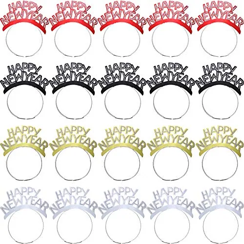 20 Pieces Happy New Year Headband, Glitter Hair Clasp, Red Gold Silver Black
