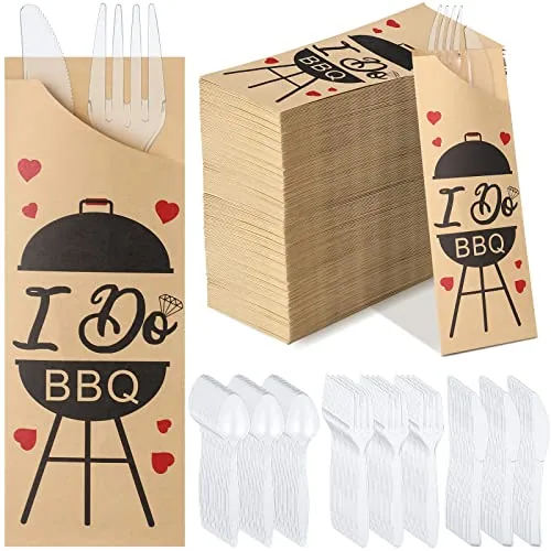 400 Pcs I Do BBQ Decorations Kraft Paper Silverware Bags with Plastic