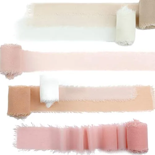 6 Rolls Fringe Chiffon Silk Ribbon 1.5 in x 3 yd, Nude Pink Set